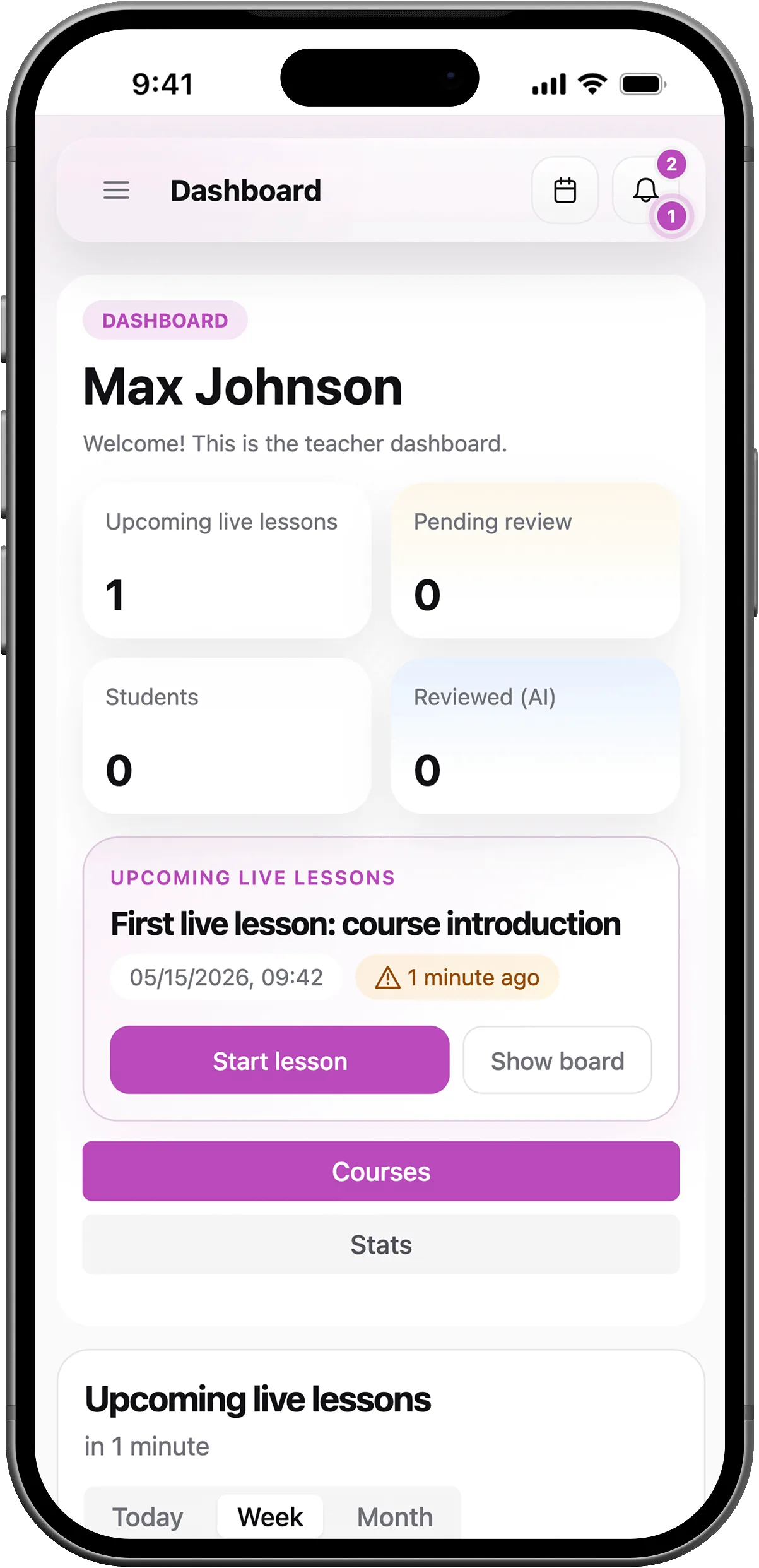 iPhone showing a SubSchool student dashboard with an upcoming lesson, course progress, and homework