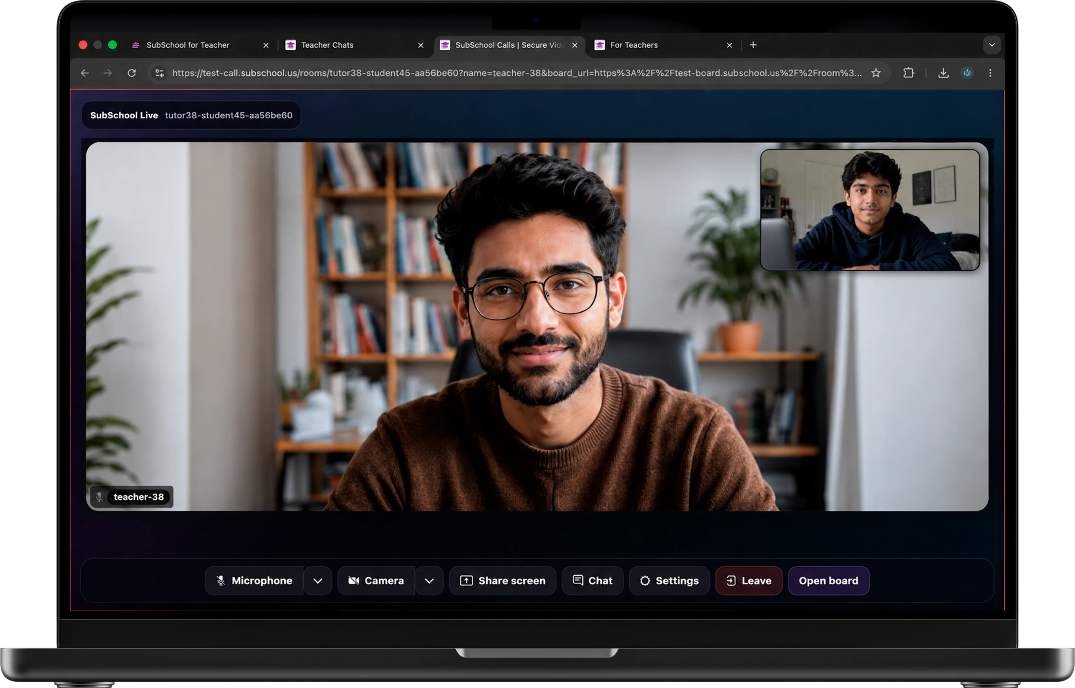 SubSchool live classroom mockup with video, whiteboard, lesson materials, chat, and participants