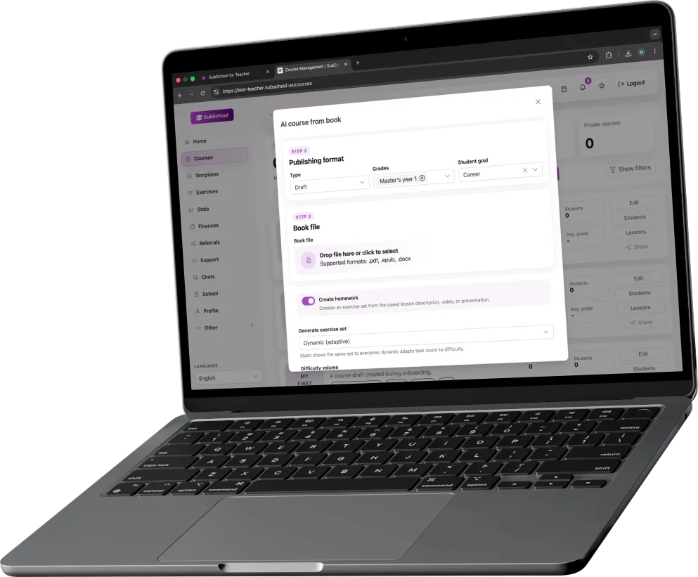 MacBook showing an AI-assisted SubSchool course draft created from PDF materials